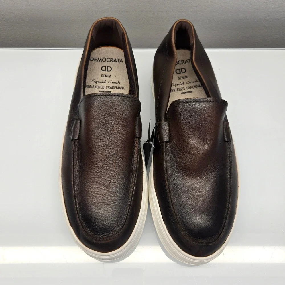 Leather Loafer Sneakers Men 10 Luggage Brown Moc Toe Slip On Quiet Luxury NWT